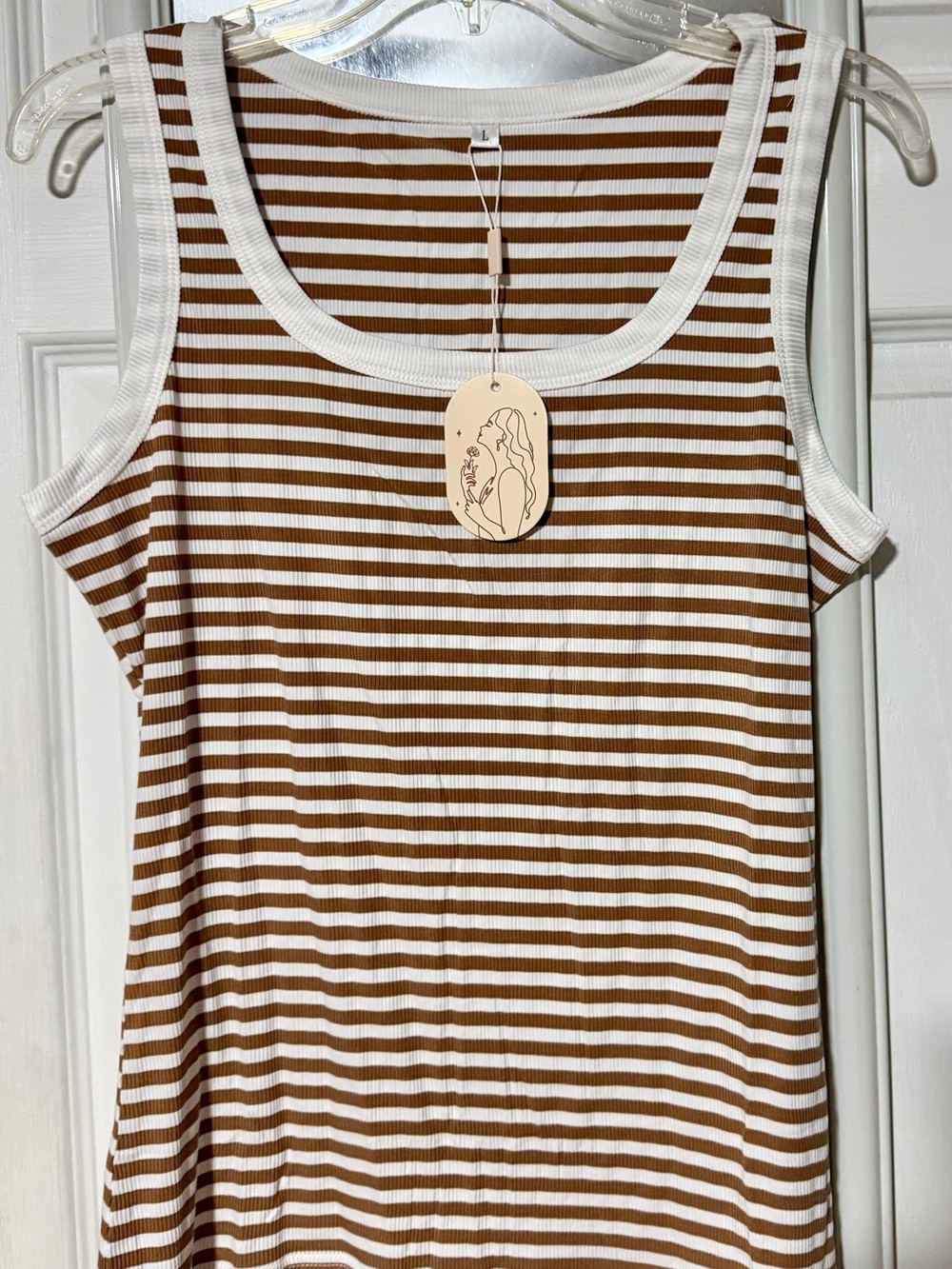 Striped Brown and White Tank Top — Women's Ribbed Scoop Neck
